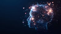 Digital visualization of glowing human profile with constellation effect and sparkles against dark background, representing artificial intelligence and mind technology.