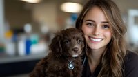 Young Caucasian woman with long brown hair and bright smile holding adorable chocolate brown puppy with blue eyes. Pet care and companionship concept.