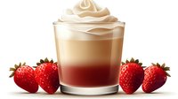 Layered coffee drink with whipped cream topping and fresh strawberries, featuring distinct color gradients from dark to light in transparent glass. For cafe menu design.