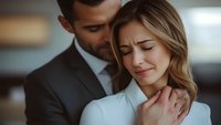 Emotional moment between young couple, man in suit comforting crying woman with blonde hair in white blouse, intimate portrait showing support during difficult time.
