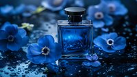 Elegant glass perfume bottle surrounded by vibrant blue anemone flowers on dark surface with water drops creating luxurious beauty product composition.
