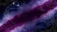 Mystical fantasy landscape with fairy tale castle silhouette against purple starry night sky with ornate swirling clouds and decorative elements for storytelling.