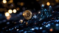 Cryptocurrency coins with glowing market graph chart on dark background with golden bokeh lights and digital elements. Financial technology concept.