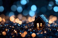 Miniature wooden house with warm glowing windows nestled in sparkling tinsel garland against dreamy bokeh lights background for holiday decorating.
