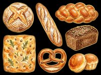 Assorted bread clipart set isolated on transparent background, featuring sourdough, baguette, pretzel, focaccia, brioche, and more. Ready for t-shirt design, stickers, and print on demand.