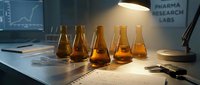 Amber glass bottles filled with liquid arranged on laboratory workstation with pharmaceutical research equipment and documents.