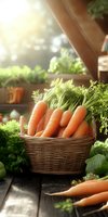 Fresh organic carrots with green tops in wicker basket on rustic wooden table. Sunlit garden atmosphere with herbs and vegetables in background.