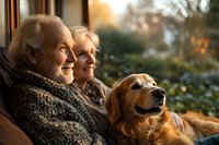 Senior Caucasian couple relaxing at home with golden retriever dog by window in warm evening light, wearing cozy sweater, expressing joy and contentment.