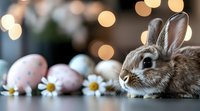 Adorable brown bunny with Easter eggs and fresh daisies on blurred bokeh background. Spring holiday composition with soft natural lighting and festive atmosphere.