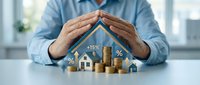 Businessman protecting house model and gold coins with hands showing real estate investment protection and financial security concept.