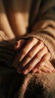 Close-up of gentle hands resting on textured fabric in warm golden light, creating atmosphere of comfort and tranquility.