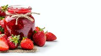 Homemade strawberry jam in glass jar with fresh ripe berries on white background. Sweet preserve for breakfast, baking and dessert recipes.