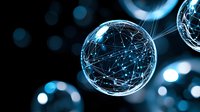 Glowing spherical network structure with connected dots and lines on dark background with bokeh lights creates futuristic technological concept.