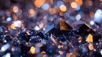 Macro shot of dark crystal formations with golden and blue bokeh lights creating magical atmosphere. Sharp geometric shapes against blurred glowing background.