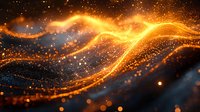 Glowing golden light waves with sparkling particles flow through dark space creating magical energy effect, suitable for abstract backgrounds.