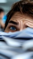 Stressed businessman with blue eyes looking overwhelmed behind stack of paperwork showing work pressure and office burnout in corporate environment.