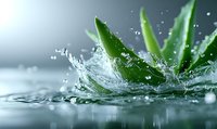 Fresh aloe vera leaves with water splash and droplets on light background, dynamic motion capture for natural cosmetics and skincare products.