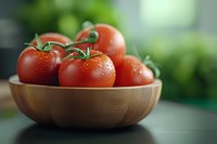 Fresh ripe red tomatoes with water drops in wooden bowl on dark table against blurred green background, macro food photography with selective focus.