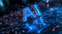 Glowing blue AI letters on dark technological surface with scattered light particles and bokeh effects creating futuristic digital landscape.