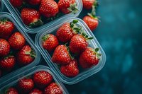 Fresh ripe strawberries in plastic containers on dark blue background. Close up view of juicy red berries with green leaves for market or food design.