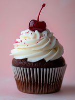 Chocolate cupcake with vanilla frosting topped with maraschino cherry and colorful sprinkles on pink background for bakery dessert menu.
