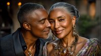 Elegant mature African American couple sharing intimate moment at upscale restaurant, celebrating anniversary or special occasion with romantic dinner date.