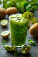 Fresh green kiwi smoothie garnished with fruit slice in tall glass, surrounded by halved kiwis and mint leaves. Perfect for healthy lifestyle and menu photography.