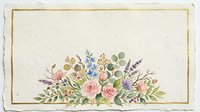 Vintage floral arrangement with pink roses, blue flowers, and green foliage on aged cream background. Botanical illustration for design, decor, and print projects.