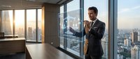 Professional businessman in dark suit standing by office windows overlooking city skyline at sunset, corporate executive in modern workplace.