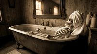 Skeleton relaxing in vintage bathtub with aged bathroom decor, surreal and darkly humorous scene for Halloween, gothic, or alternative creative projects.