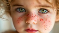 Close up portrait of young child with bright green eyes and natural freckles scattered across nose and cheeks in warm lighting against soft background.