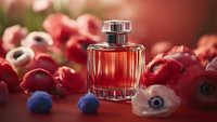 Elegant glass perfume bottle surrounded by red anemone flowers and blue berries on coral background, creating luxurious feminine composition for beauty and fragrance marketing.