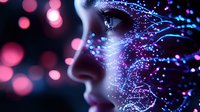 Futuristic digital face with glowing particles and bokeh lights creating sci-fi technology concept for artificial intelligence and virtual reality designs.