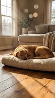 Golden retriever sleeping peacefully on a cozy dog bed in a sunlit living room with hardwood floors and neutral home decor.