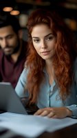 Young redhead businesswoman working on laptop in modern office with male colleague in background for corporate and workplace concepts.