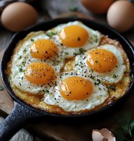 Sunny side up eggs with bright yellow yolks cooked in cast iron skillet, seasoned with black pepper and fresh herbs, served on rustic wooden surface.