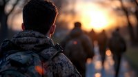 Military personnel silhouetted against golden sunset sky, view from behind showing camouflage uniform and tactical gear during outdoor patrol or training mission.