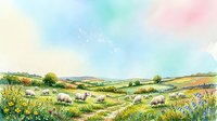 Watercolor pastoral landscape with grazing sheep in rolling green hills and wildflower meadows, ideal for countryside wall art and nature-themed designs.