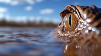 Close-up macro shot of alligator or crocodile eye emerging from water surface with blurred blue sky background, showing detailed reptilian iris and scaly skin texture.