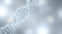 Crystal clear DNA double helix structure with glowing particles on soft blurred background for medical research, biotechnology and genetic science concepts.