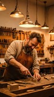 Skilled craftsman woodworker with beard working with chisel on wooden project in traditional workshop with vintage pendant lights and hand tools.