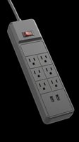 Gray power strip with six outlets and two USB ports, isolated on transparent background, ready for clipart, print-on-demand, sublimation, t-shirt design, and digital crafts.