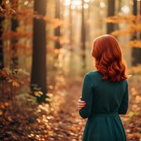 Young redhead woman in green dress walking through autumn forest with golden sunlight filtering through colorful fall foliage and fallen leaves.