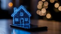 Glowing blue hologram house on smartphone screen with bokeh lights background creates magical atmosphere for smart home technology concept.