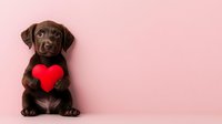 Adorable chocolate Labrador puppy holding red heart shape against pink background, expressing love and affection. Perfect for Valentine's Day cards and pet adoption campaigns.