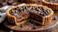 Chocolate caramel tart with sea salt and chocolate chips on wooden board, cut to show layers of gooey caramel and chocolate ganache filling in buttery crust.