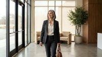 Professional businesswoman walking through modern office lobby with briefcase, wearing elegant suit in corporate environment with natural lighting.