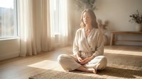 Young woman in beige pajamas meditating in lotus position on woven mat by window with natural sunlight streaming through curtains in minimalist bedroom.