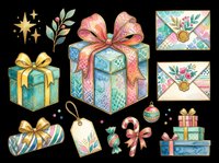 Festive gift boxes, wrapped presents, and holiday decorations isolated on transparent background. Ready for t-shirt designs, clipart, stickers, print-on-demand products, and sublimation projects.