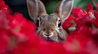 Curious wild rabbit peeking through vibrant red flowers in garden, close-up portrait showing expressive eyes and alert ears against blurred floral background.